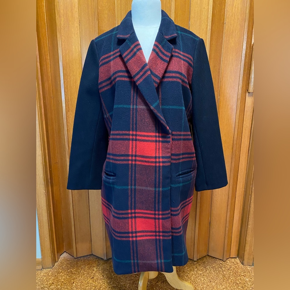 GAP Women's Red and Black Plaid Pea Coat